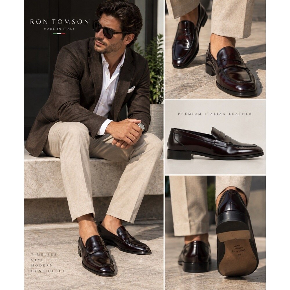 Ron Tomson Mens Burgundy Leather Slip On Loafer Dress Shoes EU 45